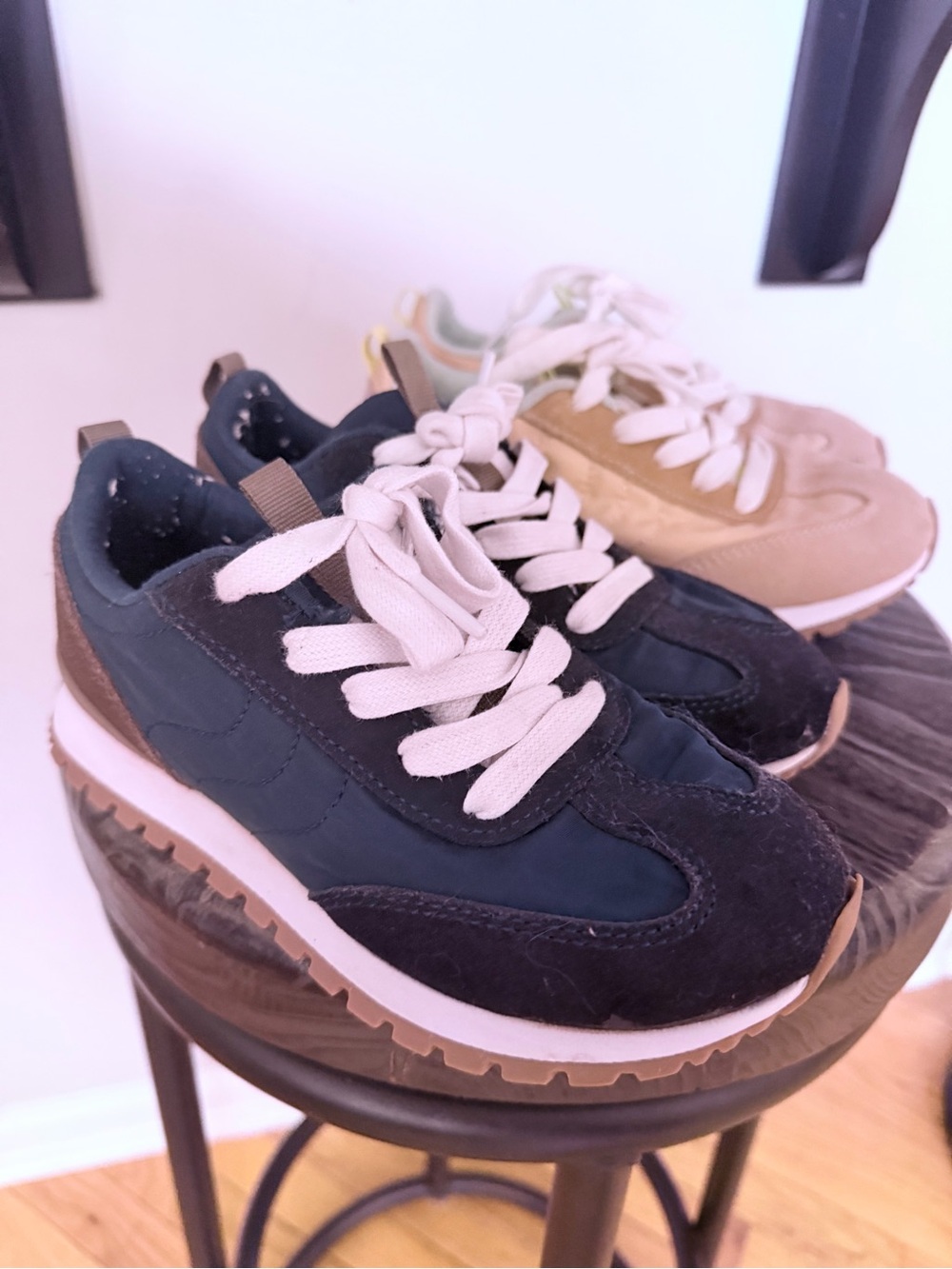 Cat & Jack Kids Two-Tone Lace-Up Sneakers in Navy and Tan. Both pairs.